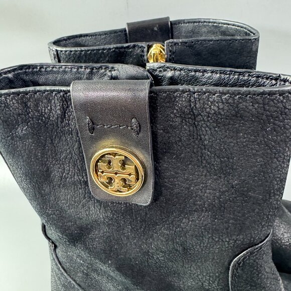 Tory Burch Oakridge Boots Black Pebbled Leather Ankle Booties, Size 8 - Picture 3 of 12